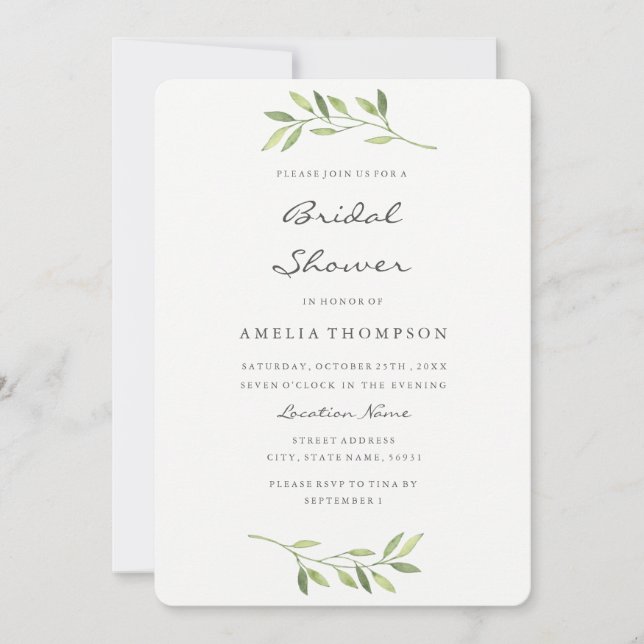 Boho Green Leaf Watercolor Bridal Shower Card (Front)