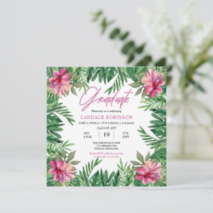 Boho Green Leaves   Pink Hibiscus Graduation Party Invitation