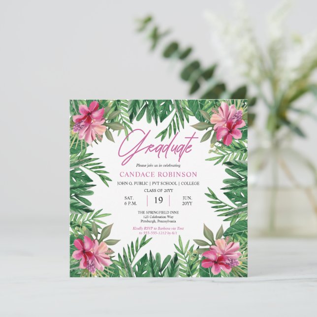 Boho Green Leaves | Pink Hibiscus Graduation Party Invitation (Standing Front)
