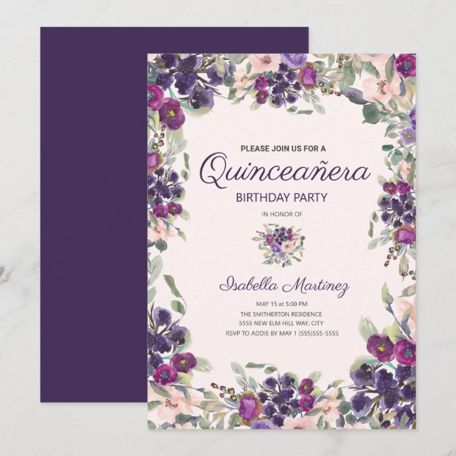 Boho Green Leaves Purple Pink Floral Quinceañera Invitation (Front/Back)