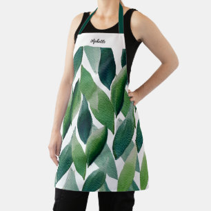 Boho Green Leaves Watercolor Hand-painted Apron