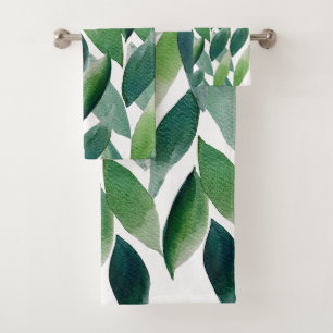 Boho Green Leaves Watercolor Hand-painted Bath Towel Set