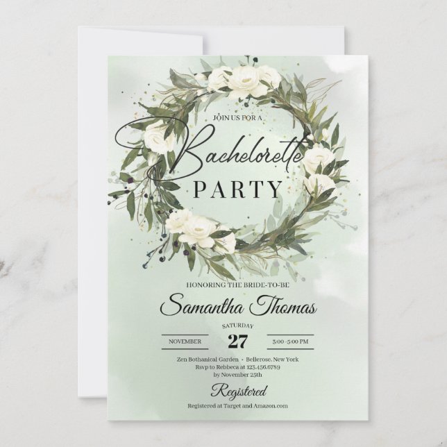 Boho green olive wreath white roses bachelorette invitation (Front)