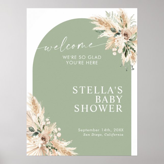 Boho Green Pampas Grass Baby Shower Poster (Front)