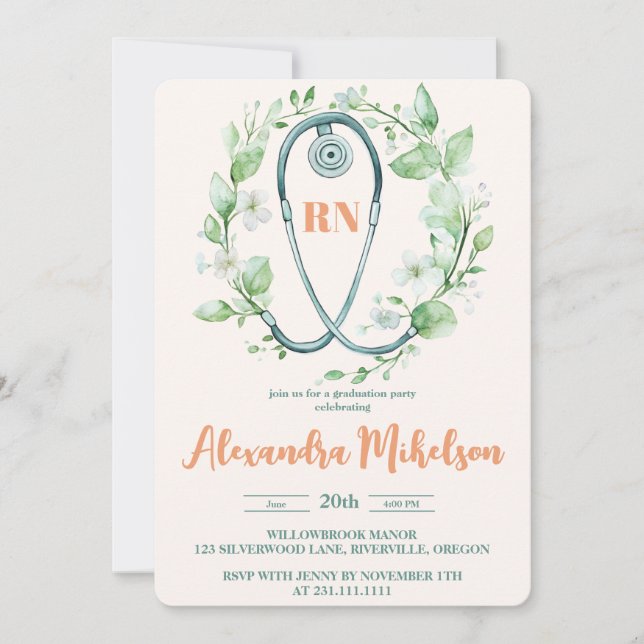 Boho Green Photo Watercolor  Nursing School Gradua Invitation (Front)