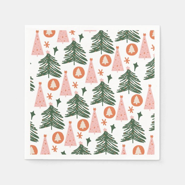 Boho Green Pink Orange Christmas Trees  Napkin (Front)