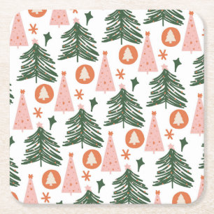 Boho Green Pink Orange Christmas Trees Square Paper Coaster