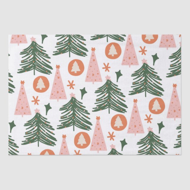 Boho Green Pink Orange Christmas Trees Tissue Paper (Front)