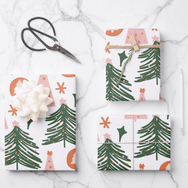 Boho Green Pink Orange Christmas Trees Wrapping Paper Sheet (Front)