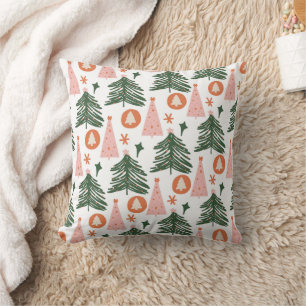 Boho Green Pink Orange Rustic Christmas Trees  Cushion