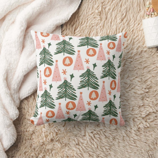 Boho Green Pink Orange Rustic Christmas Trees  Cushion (Blanket)