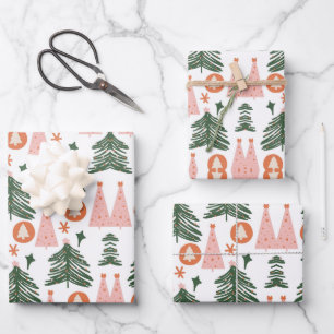 Boho Green Pink Orange Rustic Christmas Trees Wrapping Paper Sheet