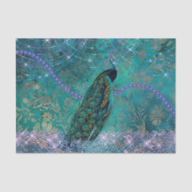 Boho Green Purple Peacock Watercolor Tissue Paper (Front)