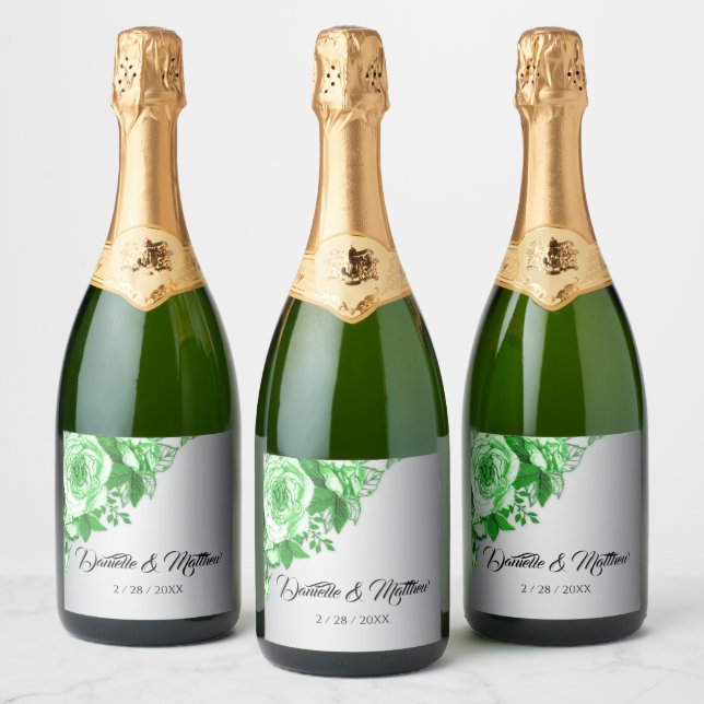 Boho Green Roses Metallic Silver Wedding  Sparkling Wine Label (Bottles)
