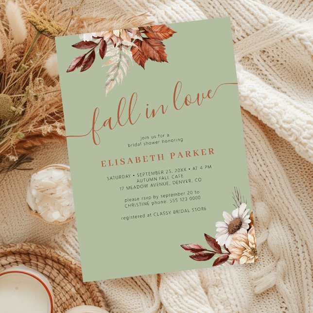Boho green rust fall in love bridal shower invitation (Creator Uploaded)