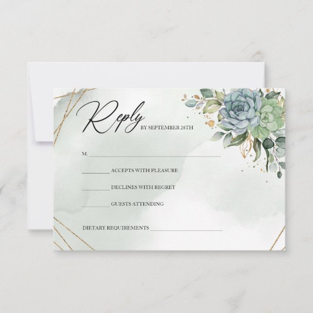 Boho green succulent eucalyptus foliage gold frame RSVP card (Front)