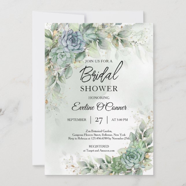 Boho green succulents and eucalyptus foliage  invitation (Front)