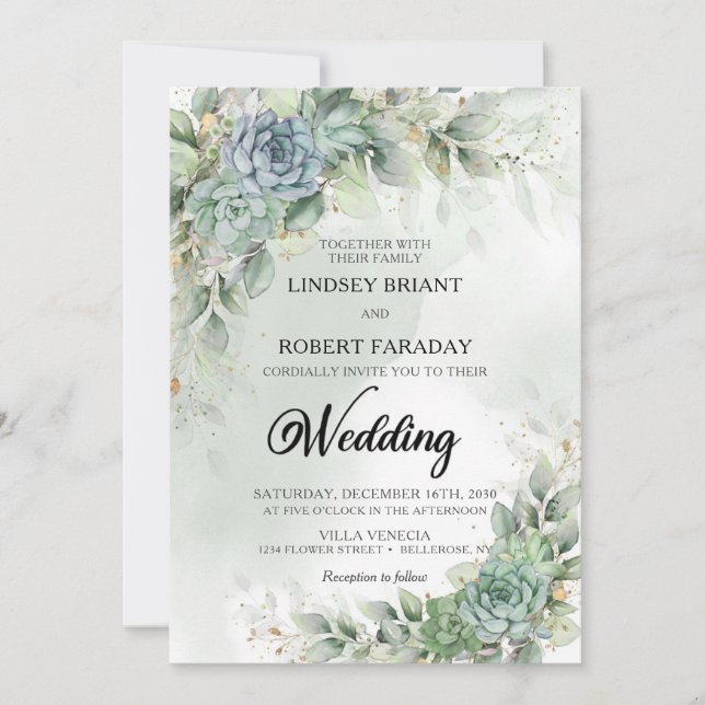 Boho Green succulents and eucalyptus watercolor  Invitation (Front)