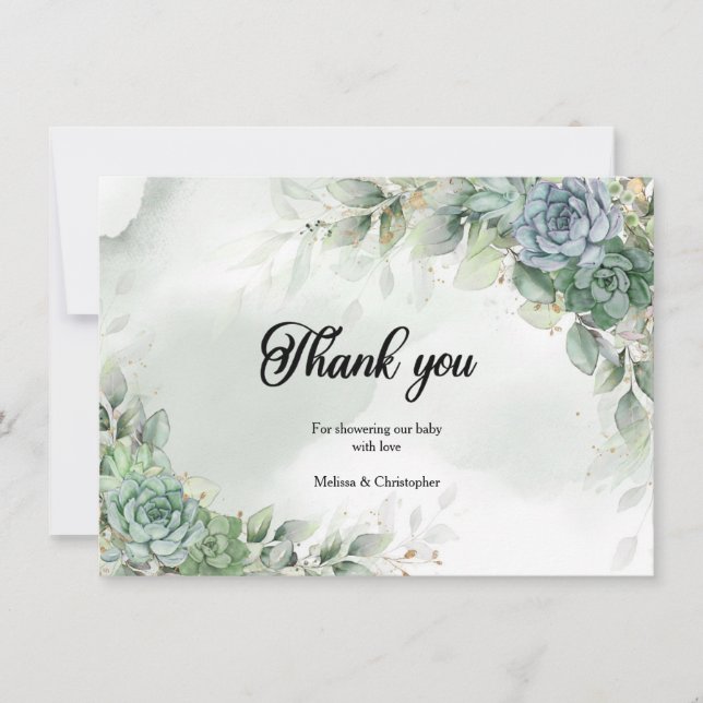 Boho green succulents eucalyptus baby shower thank you card (Front)