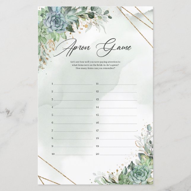 Boho green succulents eucalyptus gold Apron Game (Front)