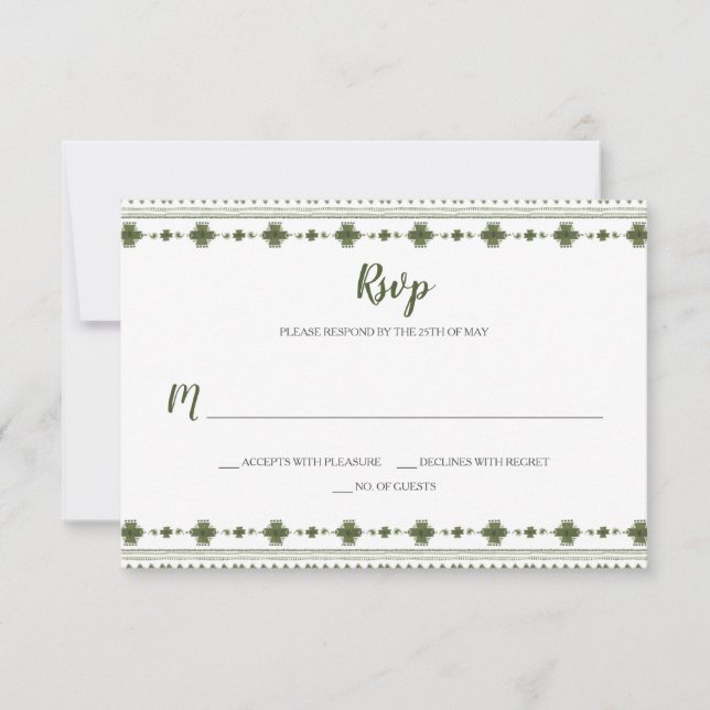 Boho Green Tribal Border RSVP Card (Front)