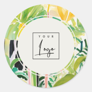 Boho Green  Tropical Leafy Foliage Botanical Logo Classic Round Sticker