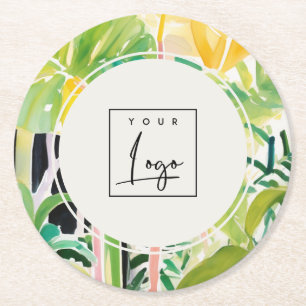 Boho Green Tropical Leafy Foliage Botanical Logo Round Paper Coaster