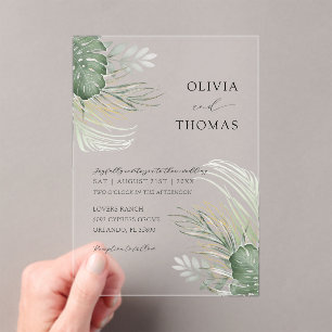 Boho Green Watercolor Monstera Wedding Acrylic Invitations
