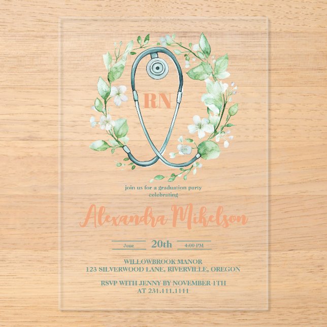 Boho Green Watercolor  Nursing School Graduation Acrylic Invitations (Front)
