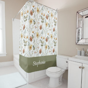 Boho Green Watercolor Wildflower Monogram Name Shower Curtain