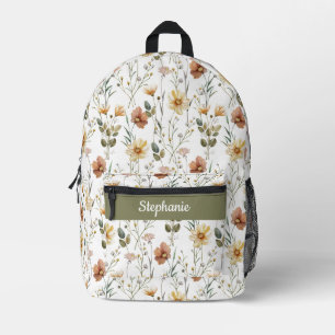Boho Green Watercolor Wildflower Monogram Printed Backpack