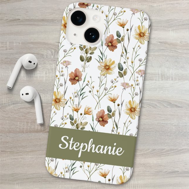 Boho Green Watercolor Wildflower Name Case-Mate iPhone Case (Creator Uploaded)