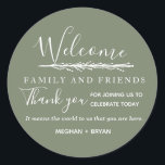 Boho  Green Welcome to Our Wedding Classic Round Sticker<br><div class="desc">Boho green stickers are a great way to welcome your guests and to thank them for coming to your wedding celebration. They read: Welcome family and friends. Thank you for joining us to celebrate today. It means the world to us that you are here. Customise with your names. Contact me...</div>