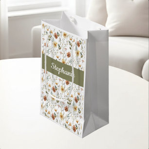 Boho Green Wildflower Watercolor Monogram Small Gift Bag