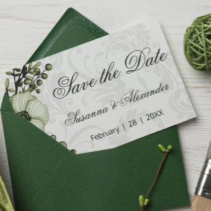 Boho Green Wreath and Damask Wedding Save the Date Announcement Postcard