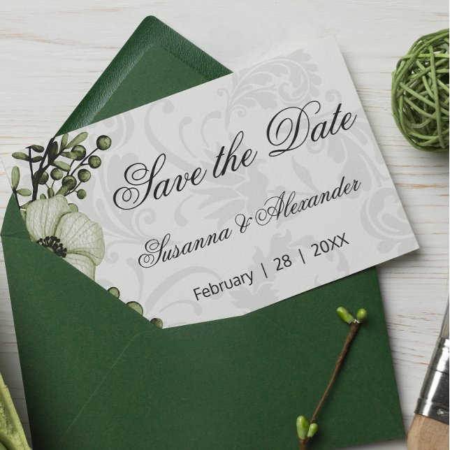 Boho Green Wreath and Damask Wedding Save the Date Announcement Postcard (Creator Uploaded)