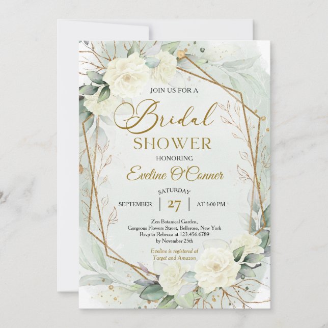 Boho greenery and white flowers faux gold frame  invitation (Front)