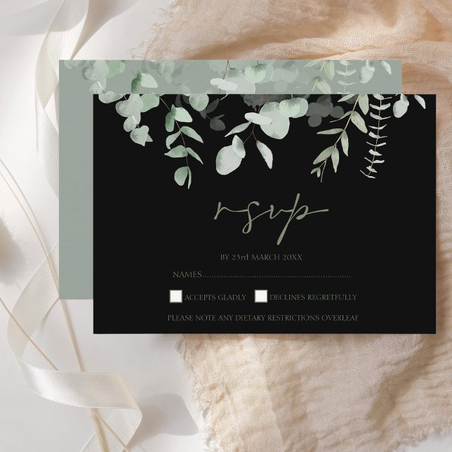 Boho Greenery Black Eucalyptus Wedding RSVP Card (Creator Uploaded)