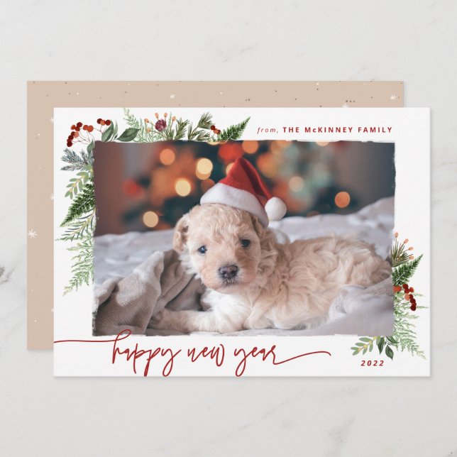 Boho Greenery Burgundy Beige 2022 New Year Holiday Card (Front/Back)