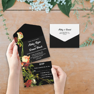 Boho Greenery Burgundy Roses Black Floral Wedding All In One Invitation