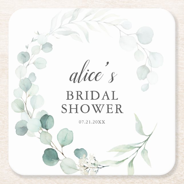 Boho Greenery Eucalyptus Bridal Shower Square Paper Coaster (Front)
