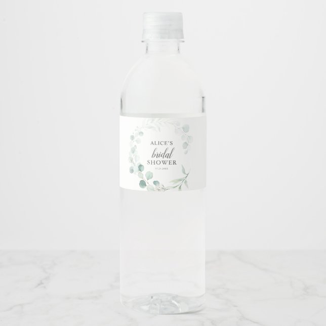 Boho Greenery Eucalyptus Bridal Shower Water Bottle Label (Front)