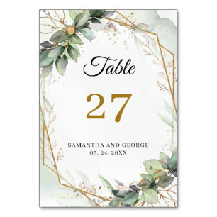 Boho greenery eucalyptus foliage gold frame table number