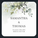 Boho greenery eucalyptus foliage gold sparkles square sticker<br><div class="desc">The Boho Greenery Eucalyptus Foliage Gold Sparkles Square Sticker for weddings adds a touch of natural elegance and sophistication to your special day. The combination of greenery, eucalyptus, and gold sparkles creates a charming and stylish aesthetic that can beautifully complement various wedding themes. With its trendy design, this sticker can...</div>