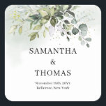 Boho greenery eucalyptus foliage gold sparkles square sticker<br><div class="desc">The Boho Greenery Eucalyptus Foliage Gold Sparkles Square Sticker for weddings adds a touch of natural elegance and sophistication to your special day. The combination of greenery, eucalyptus, and gold sparkles creates a charming and stylish aesthetic that can beautifully complement various wedding themes. With its trendy design, this sticker can...</div>