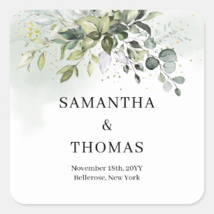 Boho greenery eucalyptus foliage gold sparkles square sticker