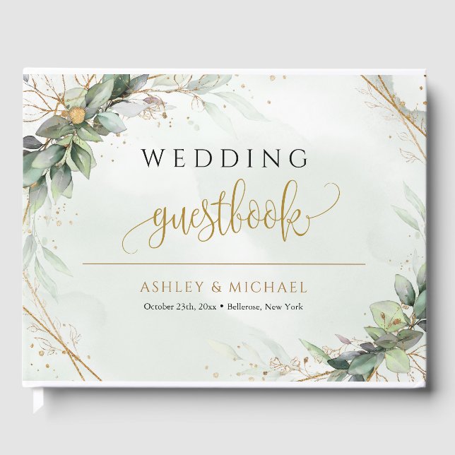 Boho greenery eucalyptus foliage gold wedding guest book (Front)