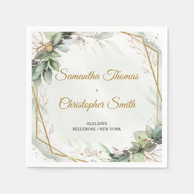 Boho greenery eucalyptus foliage gold wedding napkin (Front)