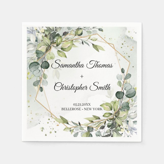 Boho greenery eucalyptus foliage gold wedding napkin (Front)