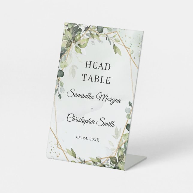 Boho greenery eucalyptus foliage Head Table  Pedestal Sign (Front)